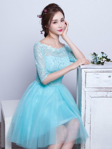 Short/Mini A-line Scoop Neck Lace Tulle with Beading Pretty 1/2 Sleeve Prom Dresses #JCD020102871