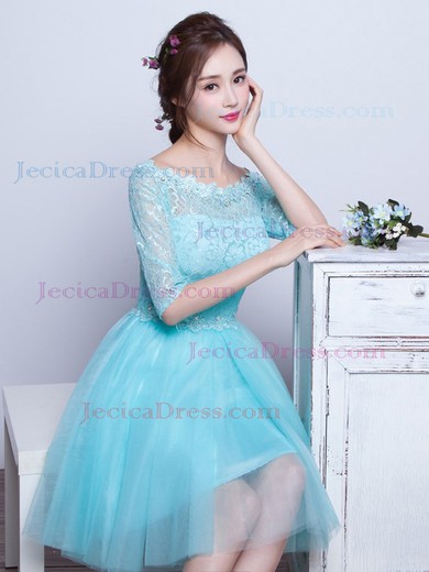 Short/Mini A-line Scoop Neck Lace Tulle with Beading Pretty 1/2 Sleeve Prom Dresses #JCD020102871