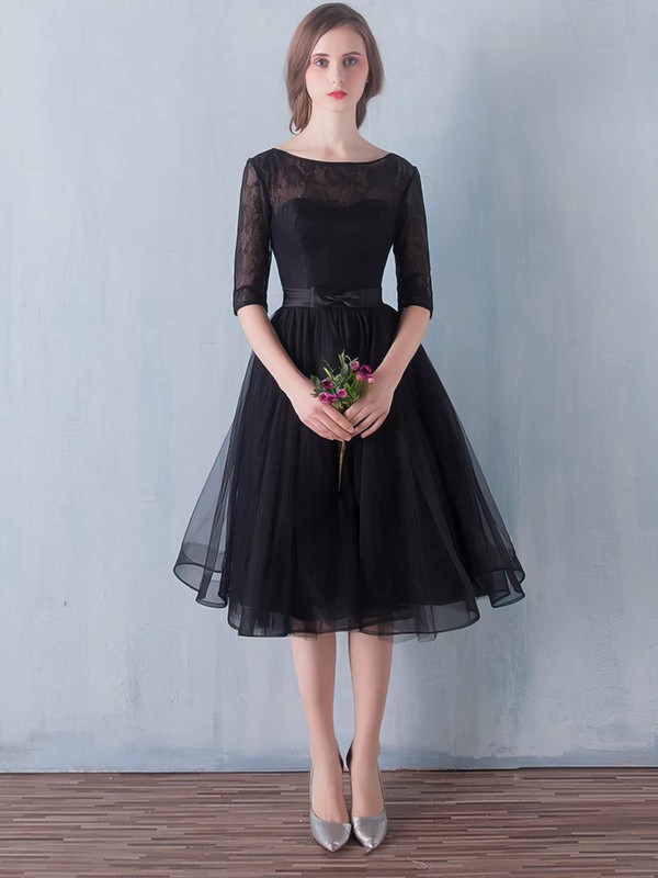 Simple A-line Scoop Neck Black Lace Tulle Sashes / Ribbons 1/2 Sleeve Knee-length Prom Dresses #JCD020102872