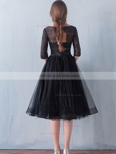 Simple A-line Scoop Neck Black Lace Tulle Sashes / Ribbons 1/2 Sleeve Knee-length Prom Dresses #JCD020102872