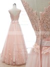 Affordable A-line Tulle with Appliques Lace Floor-length V-neck Prom Dresses #JCD020102873