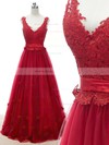 Affordable A-line Tulle with Appliques Lace Floor-length V-neck Prom Dresses #JCD020102873