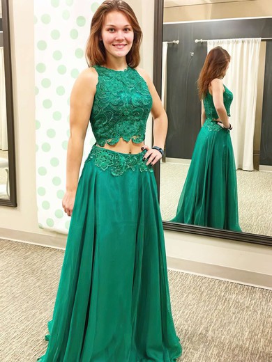 Fashion A-line Scoop Neck Chiffon Appliques Lace Floor-length Two Piece Prom Dresses #JCD020102874