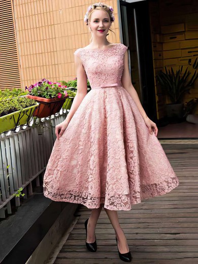 Sweet A-line Scoop Neck Lace with Sashes / Ribbons Lace-up Tea-length Prom Dresses #JCD020102877