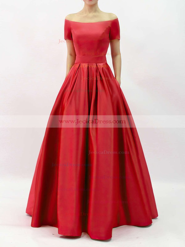 Off-the-shoulder A-line Satin Sashes / Ribbons Floor-length Vintage Short Sleeve Prom Dresses #JCD020102879