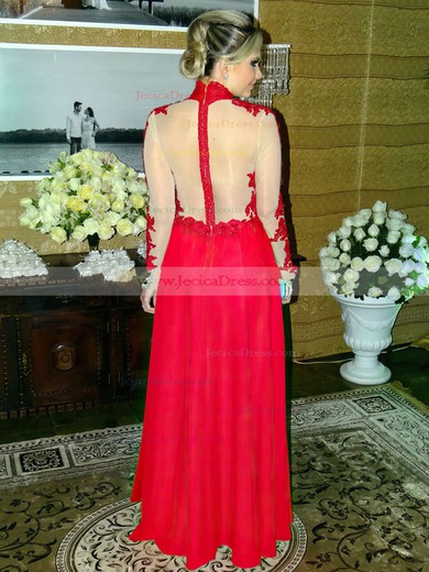 High Neck A-line Red Chiffon Tulle Appliques Lace Floor-length Trendy Long Sleeve Prom Dresses #JCD020102880