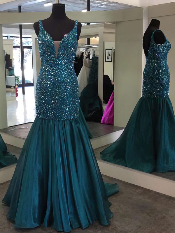 Boutique V-neck Organza with Beading Sweep Train Trumpet/Mermaid Prom Dresses #JCD020102888