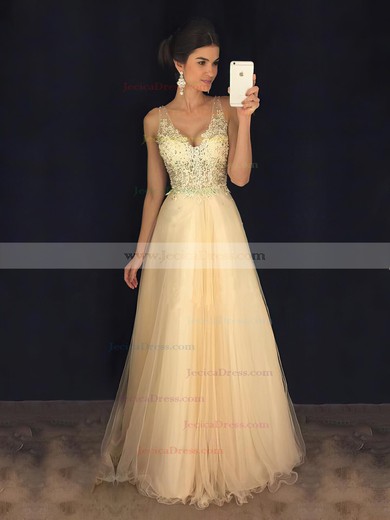 Backless A-line V-neck Tulle with Appliques Lace Floor-length Glamorous Prom Dresses #JCD020102889