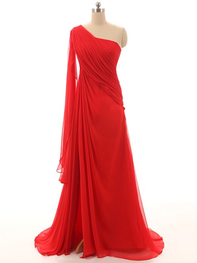 Custom A-line Red Chiffon with Ruffles Sweep Train One Shoulder Prom Dresses #JCD020102898