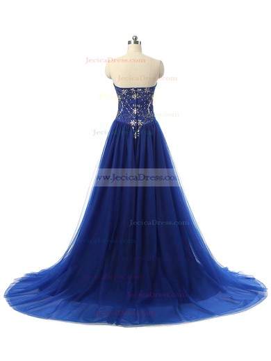 A-line Sweetheart Tulle with Beading Court Train Original Royal Blue Prom Dresses #JCD020102899