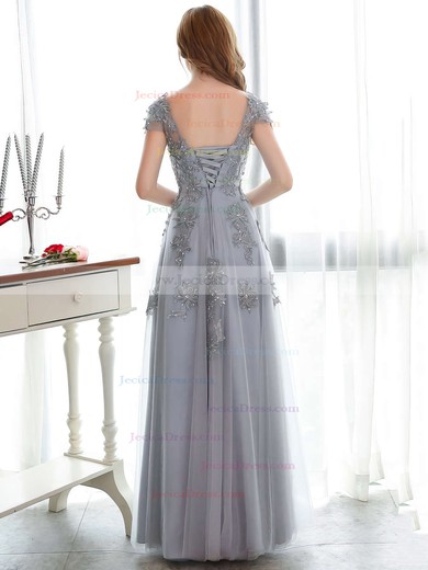 Pretty A-line Scoop Neck Tulle with Appliques Lace Floor-length Cap Straps Prom Dresses #JCD020102900