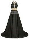 A-line Scoop Neck Satin with Beading Sweep Train Affordable Black Prom Dresses #JCD020102906