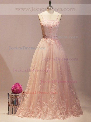 Sweet A-line Square Neckline Tulle with Appliques Lace Floor-length Prom Dresses #JCD020102907