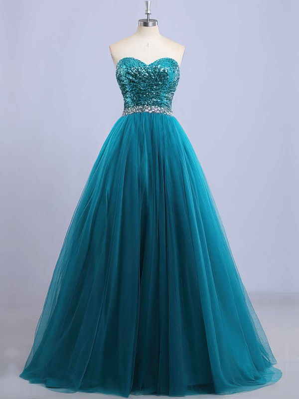 Classy Sweetheart Tulle Sequined with Beading Floor-length Princess Prom Dresses #JCD020102908