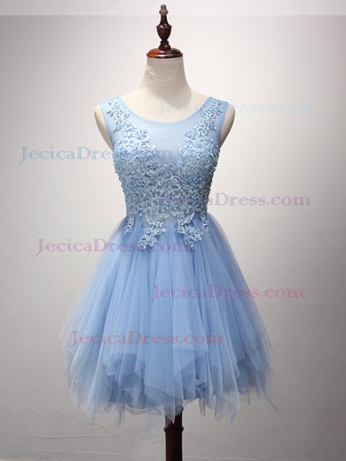 A-line Scoop Neck Tulle with Pearl Detailing Cute Short/Mini Prom Dresses #JCD020102909