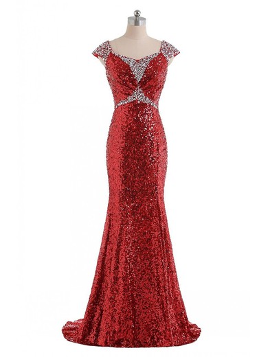 Sparkly V-neck Sequined with Beading Sweep Train Trumpet/Mermaid Prom Dresses #JCD020102910