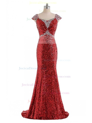 Sparkly V-neck Sequined with Beading Sweep Train Trumpet/Mermaid Prom Dresses #JCD020102910