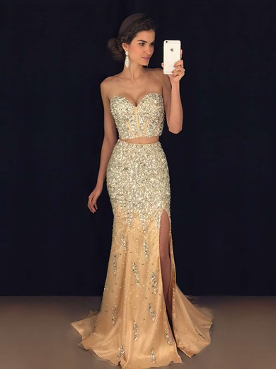 Trumpet/Mermaid Sweetheart Tulle Beading Sweep Train Amazing Two Piece Prom Dresses #JCD020102914