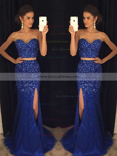 Trumpet/Mermaid Sweetheart Tulle Beading Sweep Train Amazing Two Piece Prom Dresses #JCD020102914