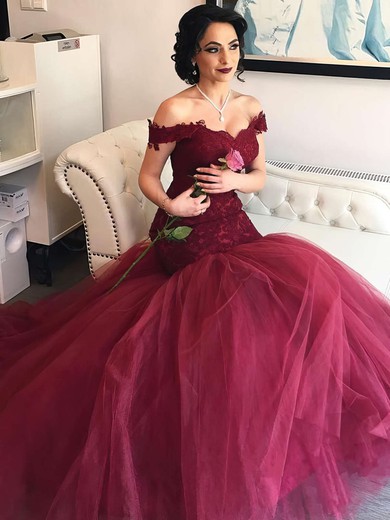 Fashion Trumpet/Mermaid Burgundy Tulle Appliques Lace Court Train Off-the-shoulder Prom Dresses #JCD020102915