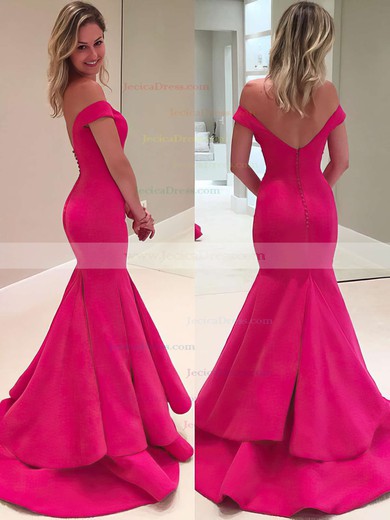 Women's Trumpet/Mermaid Tiered Satin Sweep Train Off-the-shoulder Backless Prom Dresses #JCD020102917