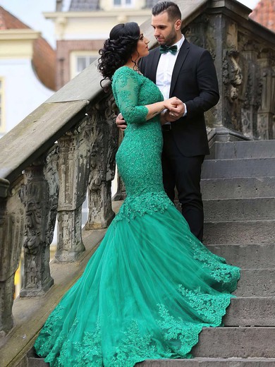 Trumpet/Mermaid V-neck Tulle Appliques Lace Court Train Modest 3/4 Sleeve Prom Dresses #JCD020102918