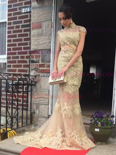 Open Back Trumpet/Mermaid Tulle Appliques Lace Sweep Train New Style High Neck Prom Dresses #JCD020102921