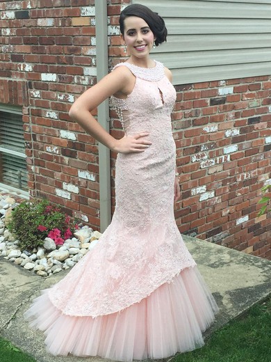 Popular Scoop Neck Lace Tulle with Pearl Detailing Sweep Train Trumpet/Mermaid Prom Dresses #JCD020102923