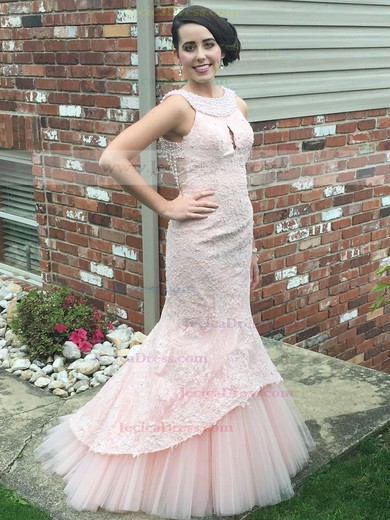 Popular Scoop Neck Lace Tulle with Pearl Detailing Sweep Train Trumpet/Mermaid Prom Dresses #JCD020102923