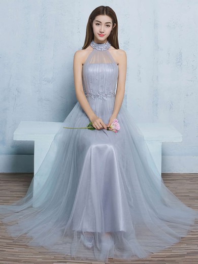 Glamorous A-line Tulle with Pearl Detailing Floor-length High Neck Prom Dresses #JCD020102925