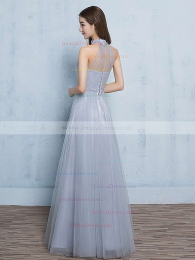 Glamorous A-line Tulle with Pearl Detailing Floor-length High Neck Prom Dresses #JCD020102925