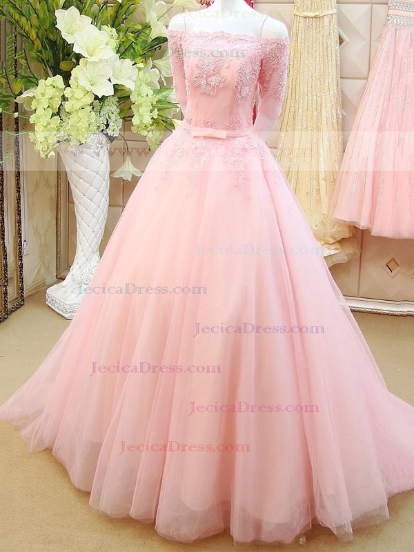 Off-the-shoulder Princess Tulle with Beading Sweep Train Perfect 1/2 Sleeve Prom Dresses #JCD020102926