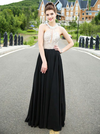 Open Back A-line Scoop Neck Chiffon Tulle Crystal Detailing Floor-length Classy Black Prom Dresses #JCD020102928