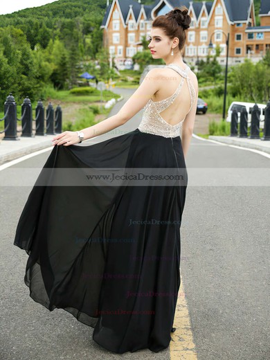 Open Back A-line Scoop Neck Chiffon Tulle Crystal Detailing Floor-length Classy Black Prom Dresses #JCD020102928
