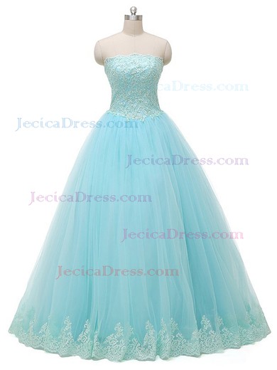Discounted Ball Gown Tulle with Appliques Lace Floor-length Strapless Prom Dresses #JCD020102929