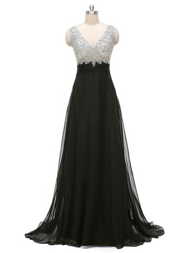 Amazing A-line V-neck Black Chiffon Tulle Beading Sweep Train Backless Prom Dresses #JCD020102931
