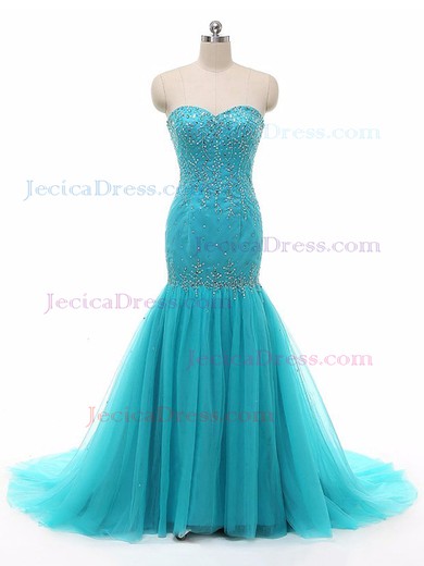 Graceful Sweetheart Tulle Beading Sweep Train Lace-up Trumpet/Mermaid Prom Dresses #JCD020102933