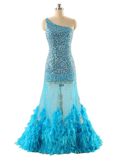 Exclusive Trumpet/Mermaid Tulle Feathers / Fur Sweep Train One Shoulder Prom Dresses #JCD020102935