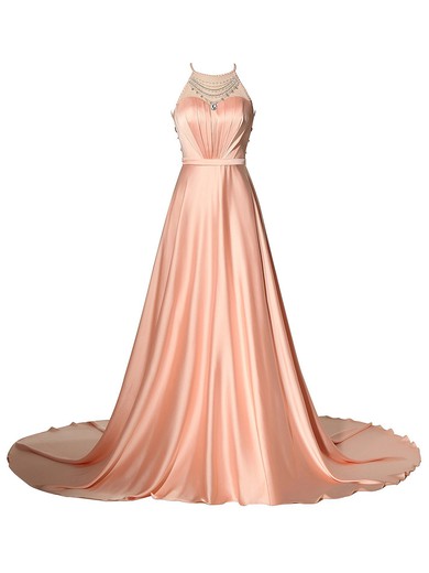 Vintage A-line Scoop Neck Tulle Silk-like Satin with Beading Court Train Prom Dresses #JCD020102937