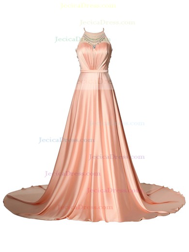 Vintage A-line Scoop Neck Tulle Silk-like Satin with Beading Court Train Prom Dresses #JCD020102937