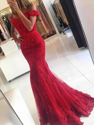 Off-the-shoulder Trumpet/Mermaid Tulle with Appliques Lace Floor-length Newest Prom Dresses #JCD020102938