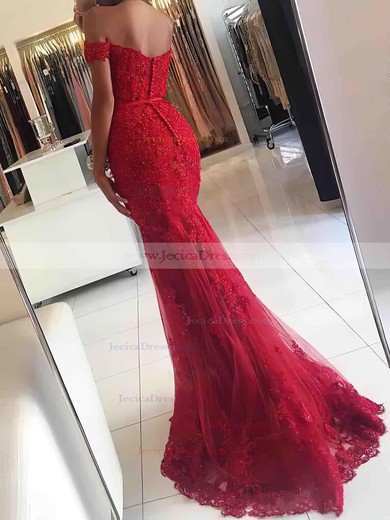 Off-the-shoulder Trumpet/Mermaid Tulle with Appliques Lace Floor-length Newest Prom Dresses #JCD020102938
