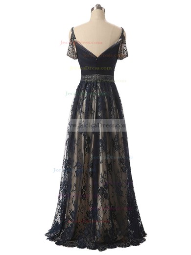 A-line V-neck Lace Tulle with Beading Floor-length Famous Black Prom Dresses #JCD020102939