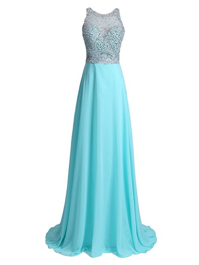Affordable A-line Scoop Neck Chiffon Tulle with Beading Sweep Train Prom Dresses #JCD020102940