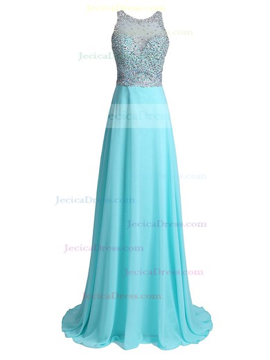 Affordable A-line Scoop Neck Chiffon Tulle with Beading Sweep Train Prom Dresses #JCD020102940