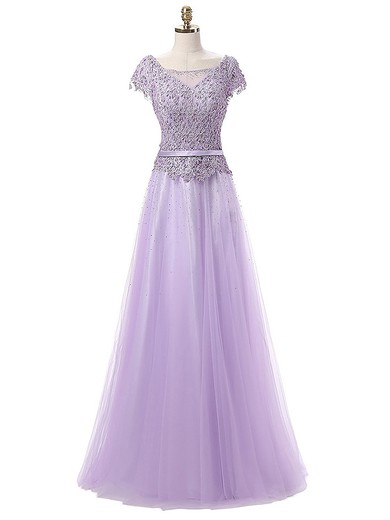 A-line Scoop Neck Lace Tulle with Beading Floor-length Cap Straps Beautiful Prom Dresses #JCD020102942