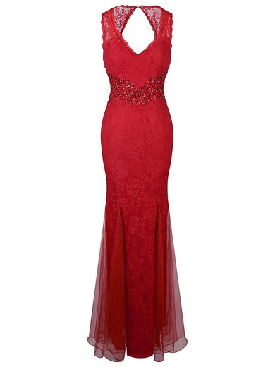 Trumpet/Mermaid V-neck Red Lace Tulle Beading Floor-length Nice Open Back Prom Dresses #JCD020102945
