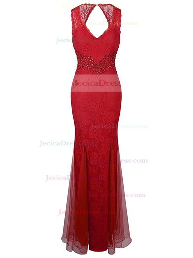 Trumpet/Mermaid V-neck Red Lace Tulle Beading Floor-length Nice Open Back Prom Dresses #JCD020102945