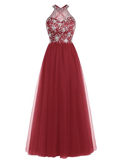 Online A-line Scoop Neck Tulle with Beading Floor-length Open Back Prom Dresses #JCD020102946