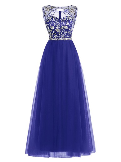 A-line Scoop Neck Royal Blue Tulle Beading Floor-length Custom Open Back Prom Dresses #JCD020102947